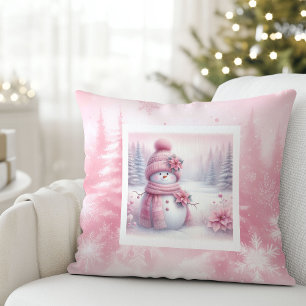 Söt rosa snömannen jul scen rosa jul kudde