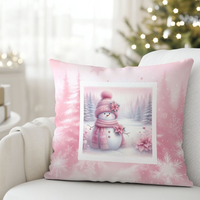 Söt rosa snömannen jul scen rosa jul kudde (Cute Pink Snowman Christmas Scene Pinkmas Pillow)