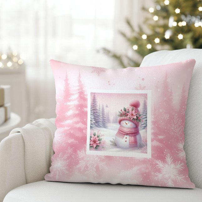 Söt Rosa Snömannen Vinter Scen Kudd Barn Present Kudde (Sweet Pink Snowman Winter Scene Pillow Kids Gift)