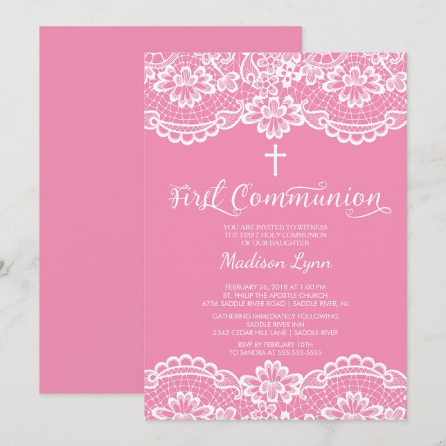 Söt Rosa Snöre First Heliga Communion Call Inbjudningar (Fram/baksida)