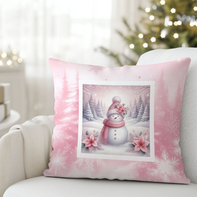 Söt rosa snöscen kudde söt snöman (Pretty Pink Snow Scene Pillow Sweet Snowman)