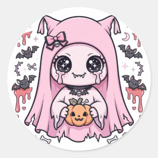 Söt Rosa Spökflicka Kawaii Halloween Pumpa Past Runt Klistermärke