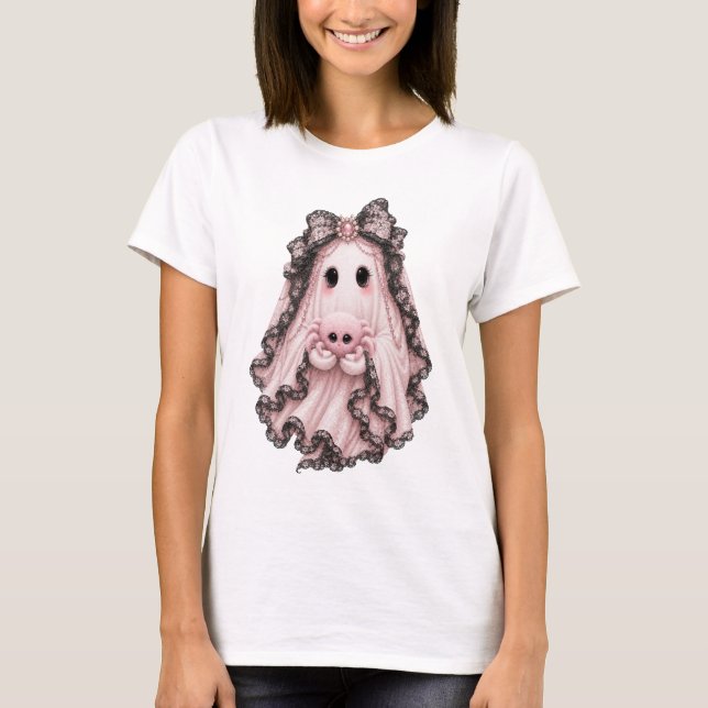 Söt Rosa Spökspindel Halloween T-Shirt | Coquett (Framsida)