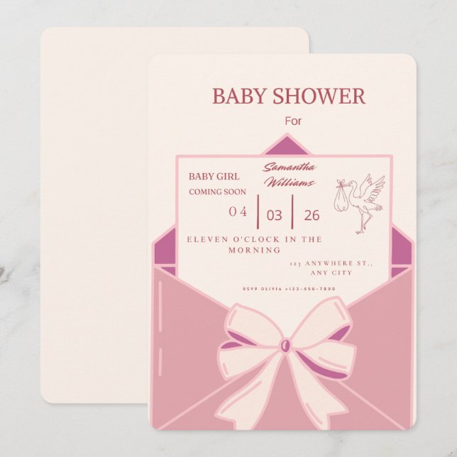 Söt Rosa Stork Bebis Flickas Shower Inbjudan - Kun (Fram/baksida)