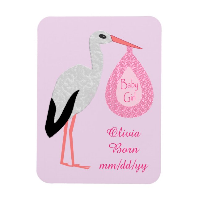 Söt Rosa Stork Birth Notice of Flicka Magnet (Vertikal)