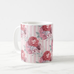 Söt Rosa Stripe-Blommönster Kaffemugg