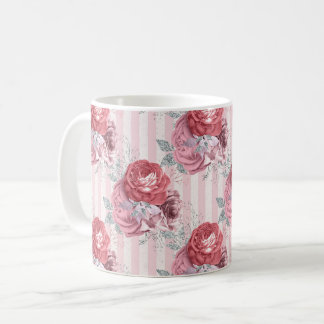 Söt Rosa Stripe-Blommönster Kaffemugg