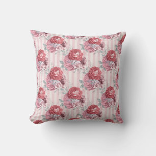 Söt Rosa Stripe-Blommönster Kudde