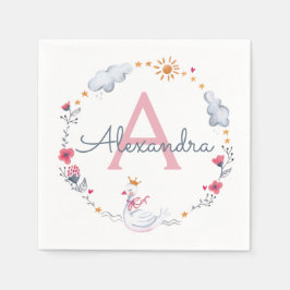Söt rosa svan & sol floral krans med monogram pappersservett