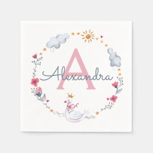 Söt rosa svan & sol floral krans med monogram pappersservett