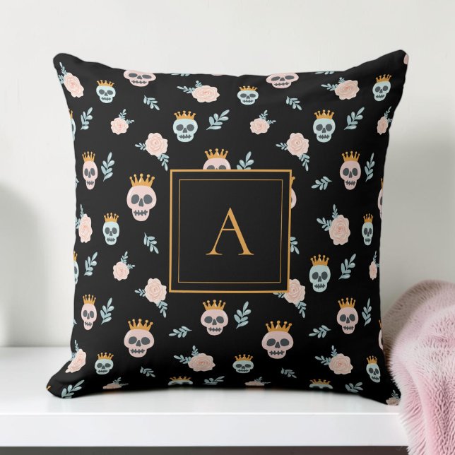 Söt Rosa Svart Dödskalle Mönster Monogram Hallowee Kudde (Cute Pink Black Skull Pattern Monogram Halloween Throw Pillow)