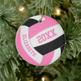 Söt rosa svart, vit, brun volleyball julgransprydnad keramik