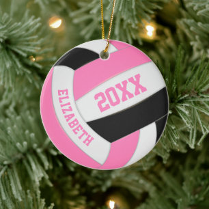 Söt rosa svart, vit, brun volleyball julgransprydnad keramik