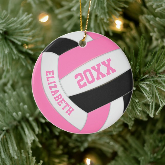 Söt rosa svart, vit, brun volleyball julgransprydnad keramik (Träd)