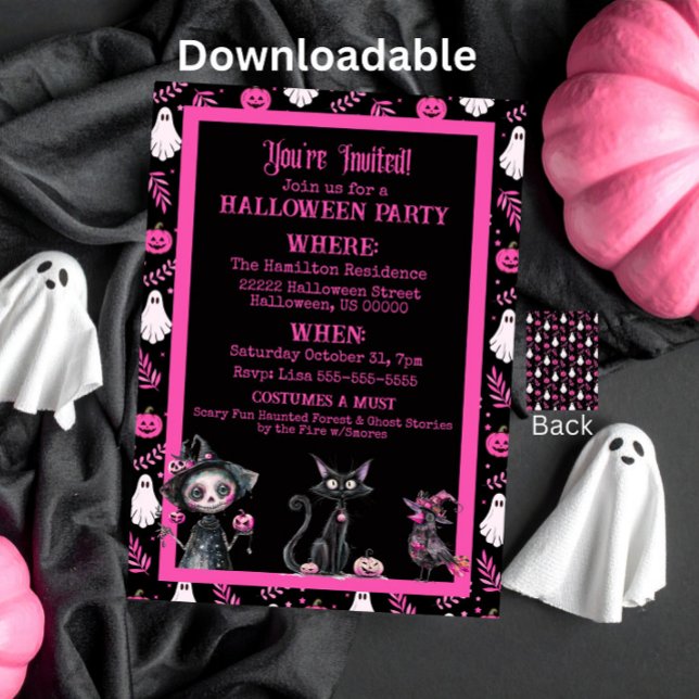 Söt Rosa Svart Vit Halloween-fest Invitation Inbjudningar (Skapare uppladdad)