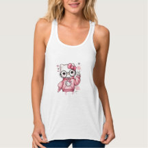 Söt Rosa Tecknad Katt Glasögon T-Shirt