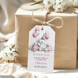 Söt Rosa Teddybjörn 1-års Födelsedags Tacksamhet Presentetikett