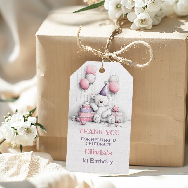 Söt Rosa Teddybjörn 1-års Födelsedags Tacksamhet Presentetikett (Skapare uppladdad)