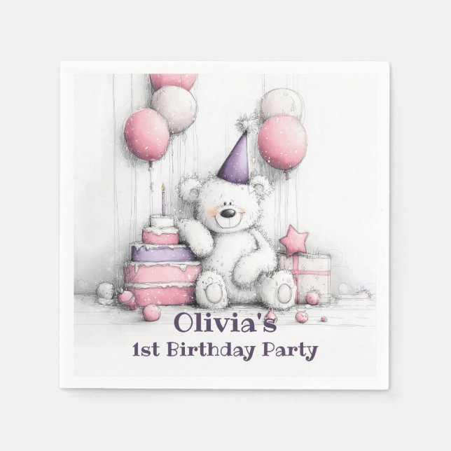 Söt rosa teddybjörn 1-års födelsedagsfest pappersservett (Framsidan)