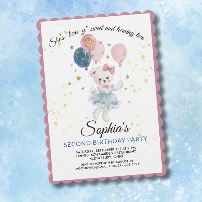 Söt Rosa Teddybjörn 2-års Födelsedagsflicka Inbjudningar (Skapare uppladdad)