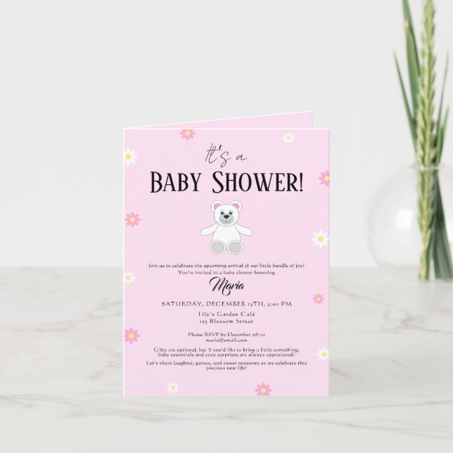 Söt Rosa Teddybjörn Baby Shower Inbjudan (Framsida)