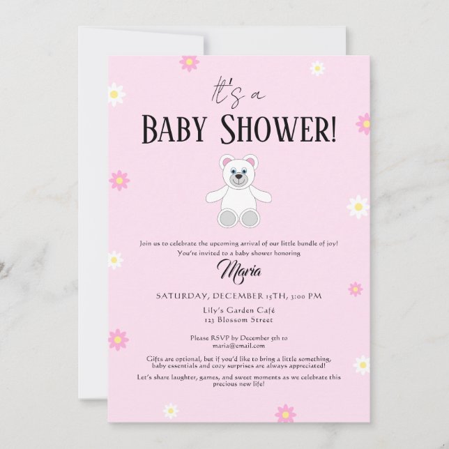 Söt Rosa Teddybjörn Baby Shower Inbjudningar (Framsida)