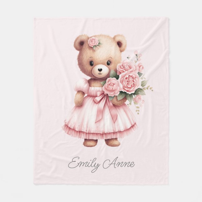 Söt rosa teddybjörn blommor Barnets namn Fleecefilt (Framsidan)