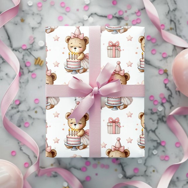 Söt Rosa Teddybjörn Födelsedagsfest Inpackningspap Presentpapper (Skapare uppladdad)