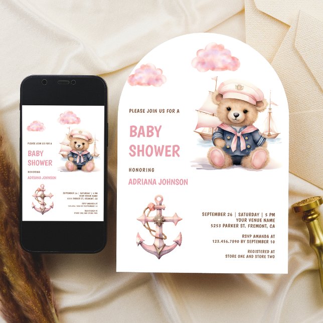 Söt Rosa Teddybjörn Marin Flicka Bebis Shower Inbjudningar (Skapare uppladdad)