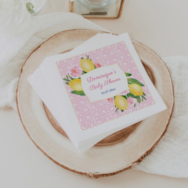 Söt Rosa Tiles Lemons Girl Baby Shower Party Pappersservett (Pretty pink and white lemons baby girl shower napkin design)
