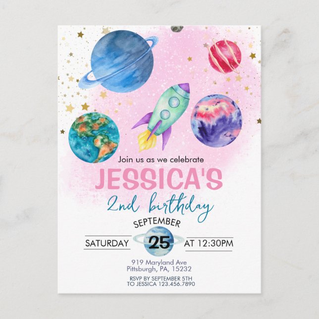 Söt Rosa Tjej Fest Rymdfarare Födelsedag Vykort (Framsida)