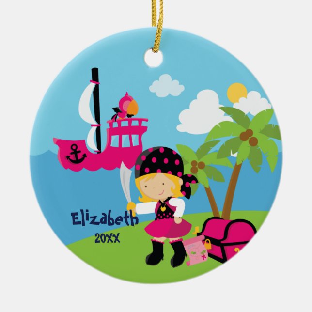Söt Rosa Tjej Pirat Jul Ornament (Framsidan)