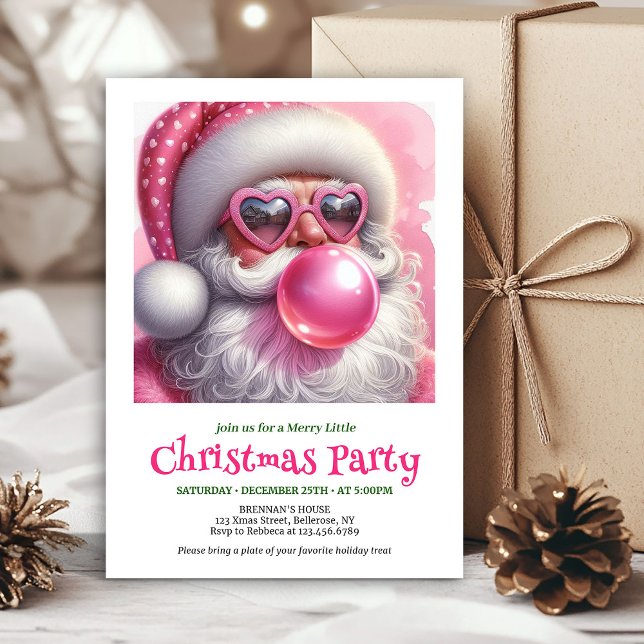 Söt rosa tomte bubbelgummi vattenfärg jul  inbjudningar (Elegant Pink Santa Bubble Gum Funny Christmas Invitation

)