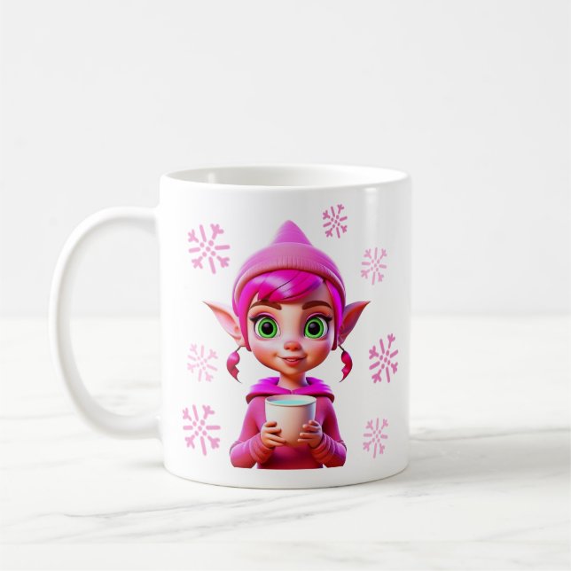 Söt rosa tomte med kaffe eller kakao jul kaffemugg (Vänster)