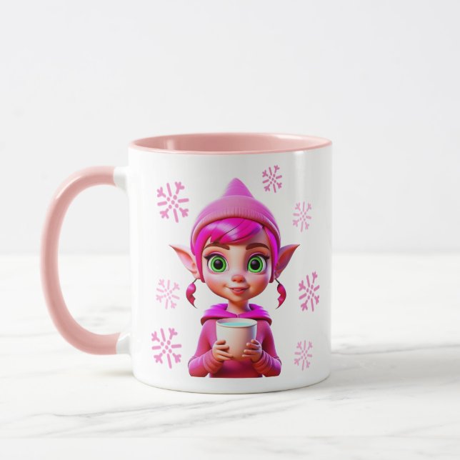 Söt rosa tomte med kaffe eller kakao jul mugg (Vänster)