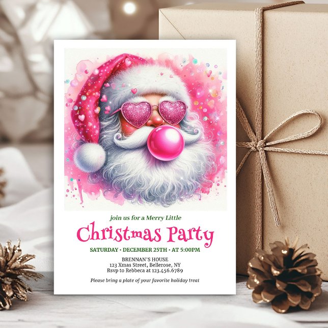 Söt rosa tomte tuggummi vattenfärg jul inbjudan (Cute pink santa chewing gum watercolor Xmas invite)