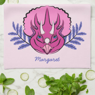 Söt Rosa Triceratops Dinosaur Personlig Kökshandduk