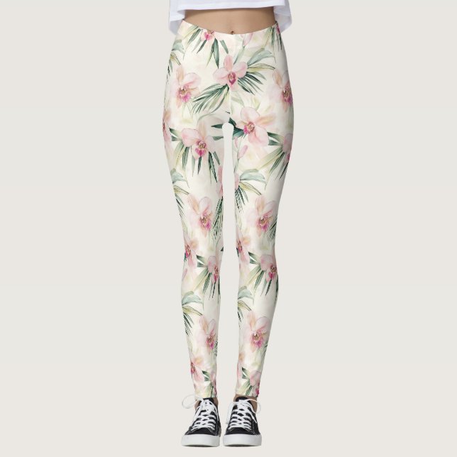 Söt Rosa Tropical Orchid Flowers Leggings (Framsida)