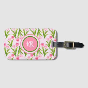 Söt Rosa Tulip Blommigt Flowers Löv Monogram Bagagebricka