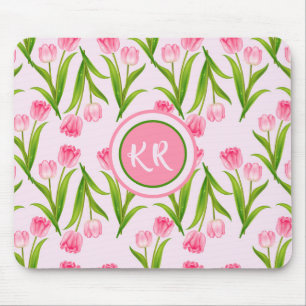 Söt Rosa Tulip Blommigt Flowers Löv Monogram Musmatta
