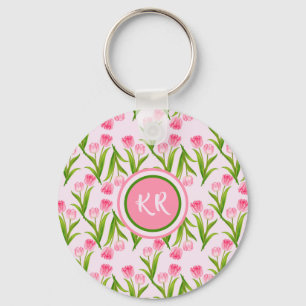 Söt Rosa Tulip Blommigt Flowers Löv Monogram Nyckelring