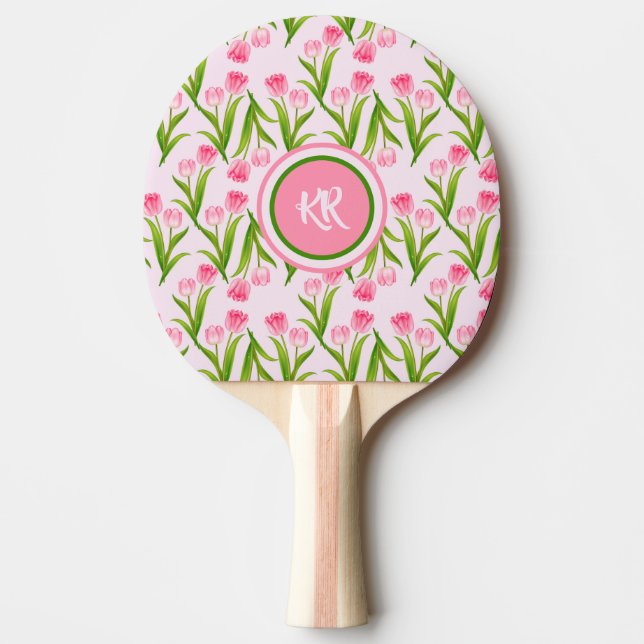 Söt Rosa Tulip Blommigt Flowers Löv Monogram Pingisracket (Framsidan)