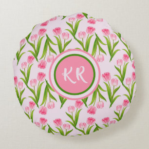 Söt Rosa Tulip Blommigt Flowers Löv Monogram Rund Kudde
