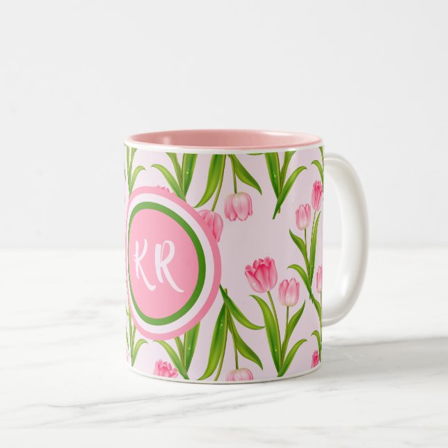 Söt Rosa Tulip Blommigt Flowers Löv Monogram Två-Tonad Mugg (Framsida höger)