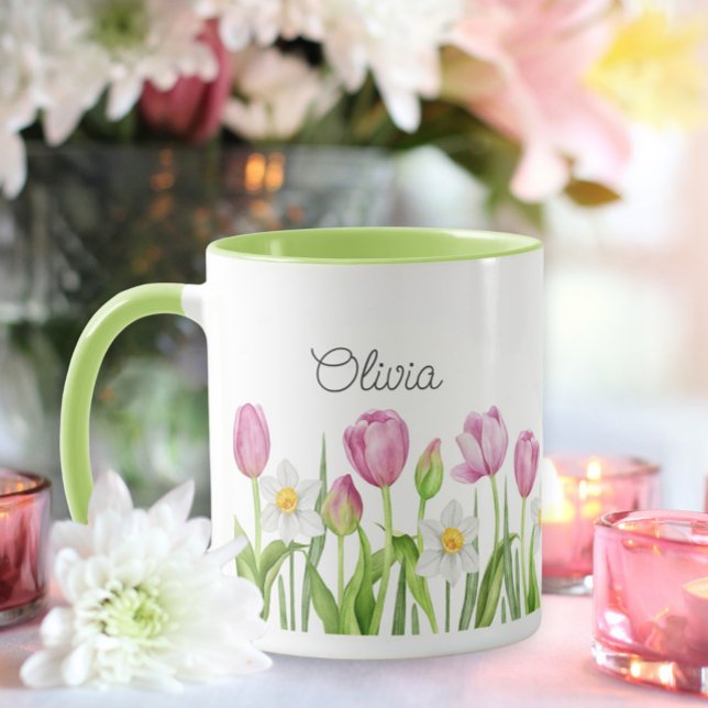 Söt Rosa Tulips and White Daffodils Coffee Mugg (Skapare uppladdad)
