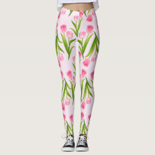 Söt Rosa Tulips Blommigt Flower Grönt Löv Leggings