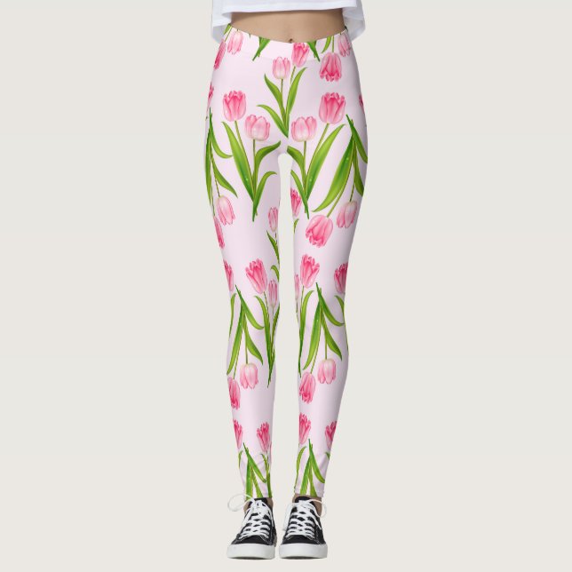 Söt Rosa Tulips Blommigt Flower Grönt Löv Leggings (Framsida)