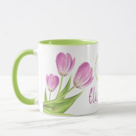 Söt Rosa Tulips Vår Elegant Blommigt Monogram Mugg