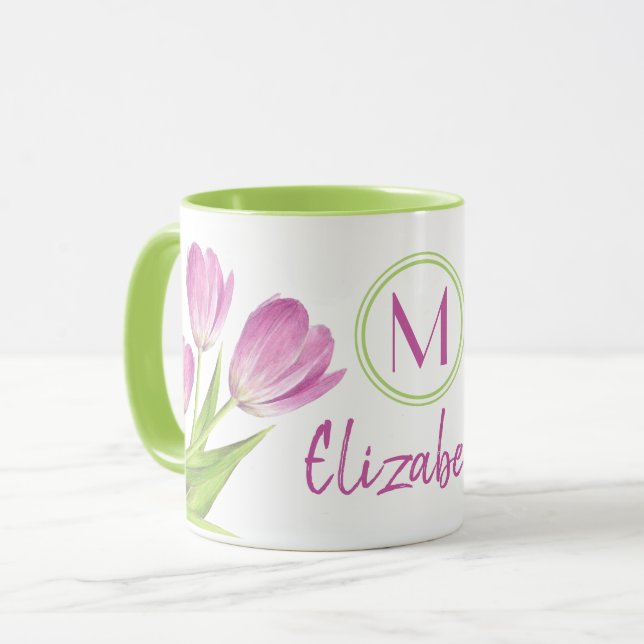 Söt Rosa Tulips Vår Elegant Blommigt Monogram Mugg (Framsida vänster)