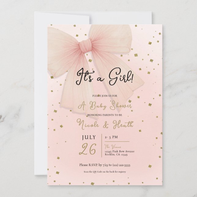 Söt Rosa Tulle Bow & Guld Confetti Baby Shower Inbjudningar (Framsida)